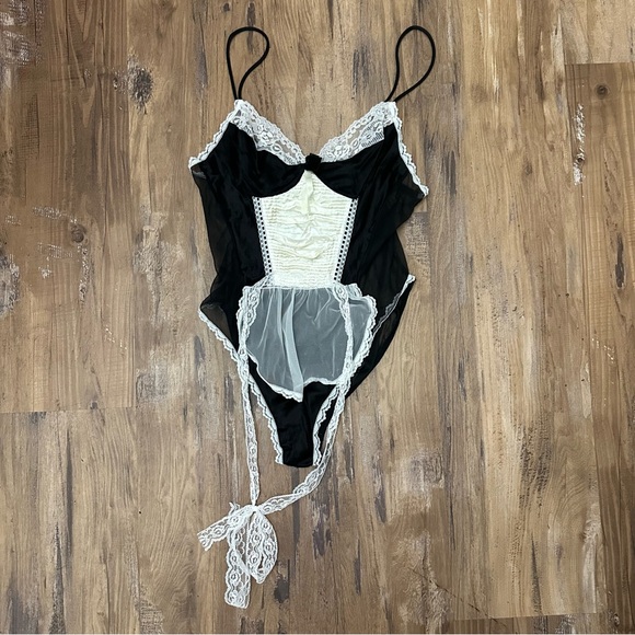 VTG 80s Retro Sheer Black & White Maid Lingerie Costume Playsuit Teddy - Picture 1 of 9
